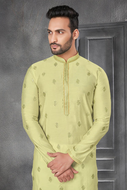 Premium Lime Green Silk Men Kurta Pajama in Floral Design | Indian, Pakistani Wedding,Party wear Mens Tradition Kurta