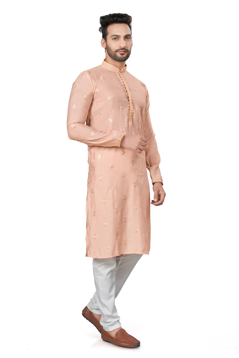 premium peach silk men kurta pajama in floral design | indian, pakistani wedding, party wear men's tradition kurta