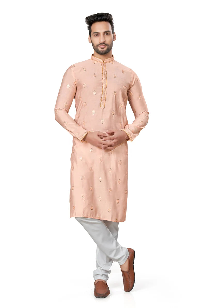 premium peach silk men kurta pajama in floral design | indian, pakistani wedding, party wear men's tradition kurta