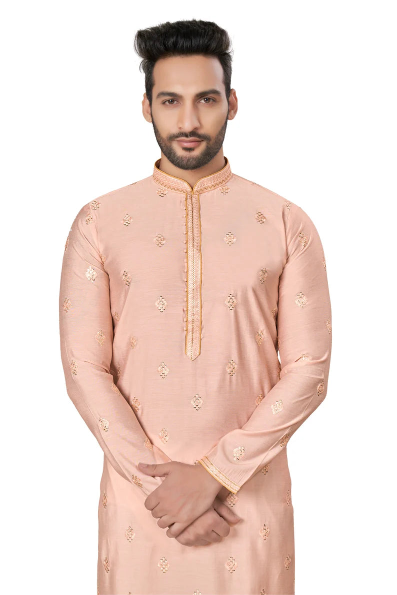 premium peach silk men kurta pajama in floral design | indian, pakistani wedding, party wear men's tradition kurta