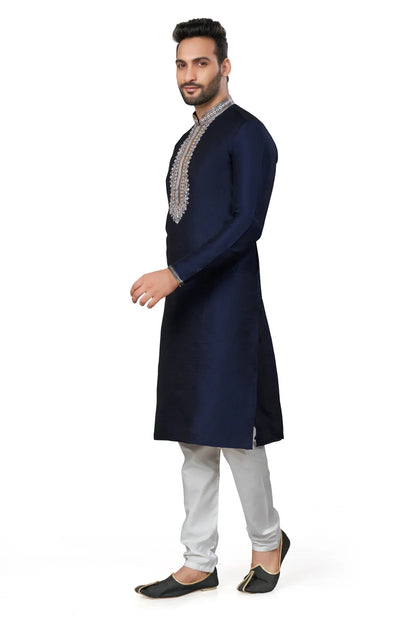 Navy Blue Cotton Men's Kurta Pajama Set | Fancy Embroidery pattern Kurta for Wedding, Party, Fast delivery to USA, Australia, Canada, UK