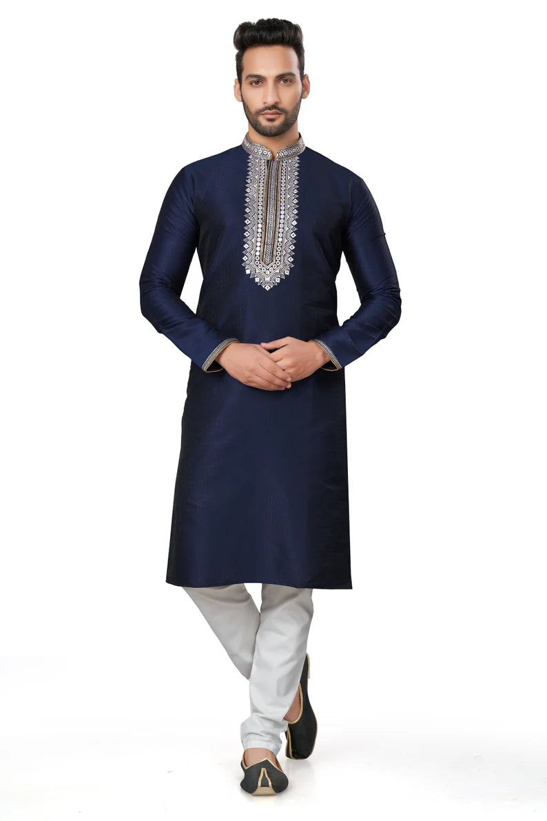 navy blue cotton men's kurta pajama set | fancy embroidery pattern kurta for wedding, party, fast delivery to usa, australia, canada, uk