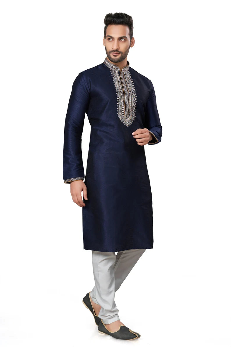 navy blue cotton men's kurta pajama set | fancy embroidery pattern kurta for wedding, party, fast delivery to usa, australia, canada, uk