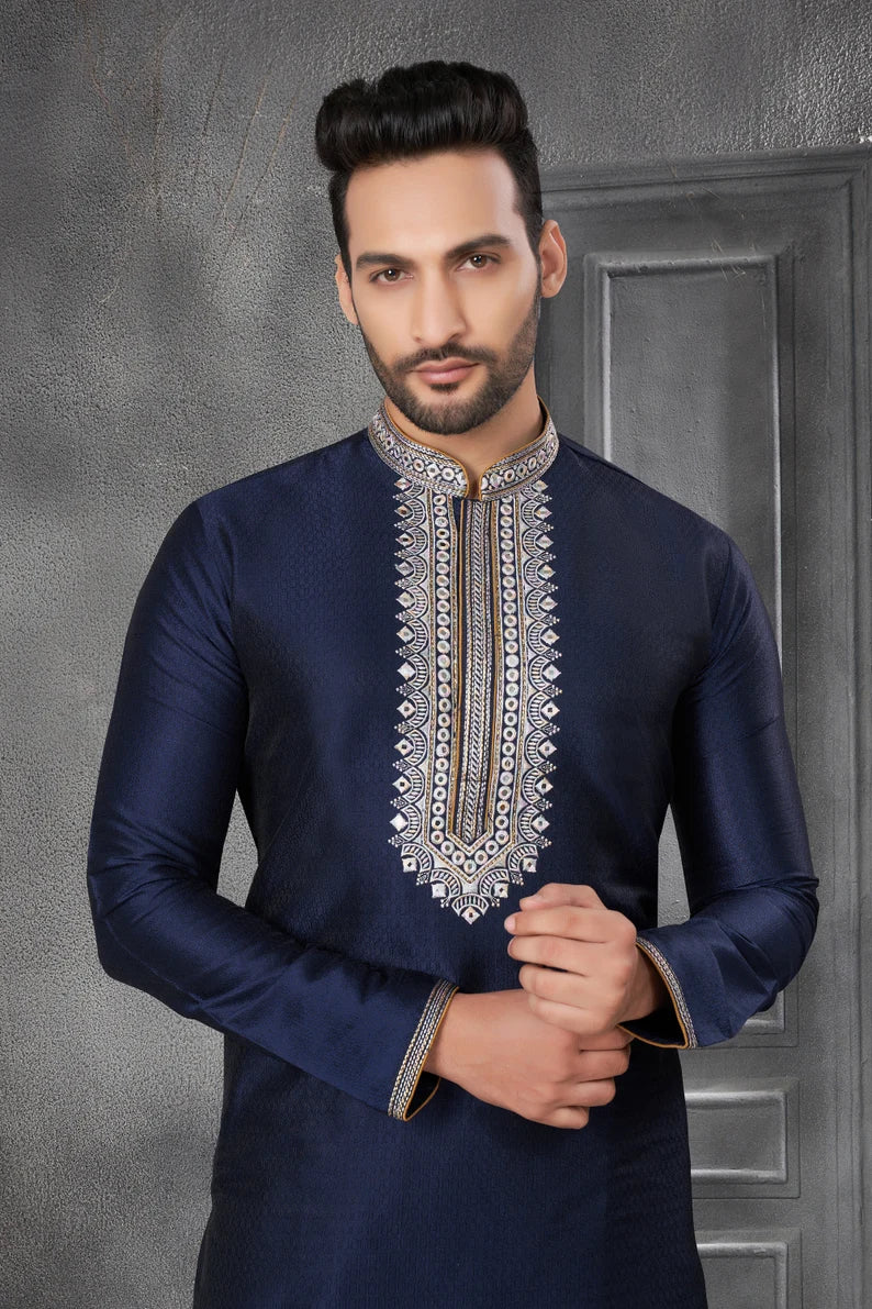 navy blue cotton men's kurta pajama set | fancy embroidery pattern kurta for wedding, party, fast delivery to usa, australia, canada, uk