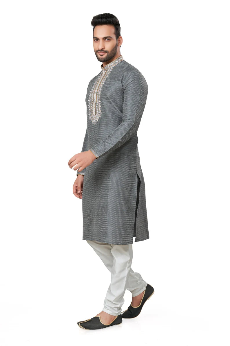 gray cotton men's kurta pajama set | indian, pakistani wedding men's kurta with silk dupatta fast delivery to usa, australia, uk