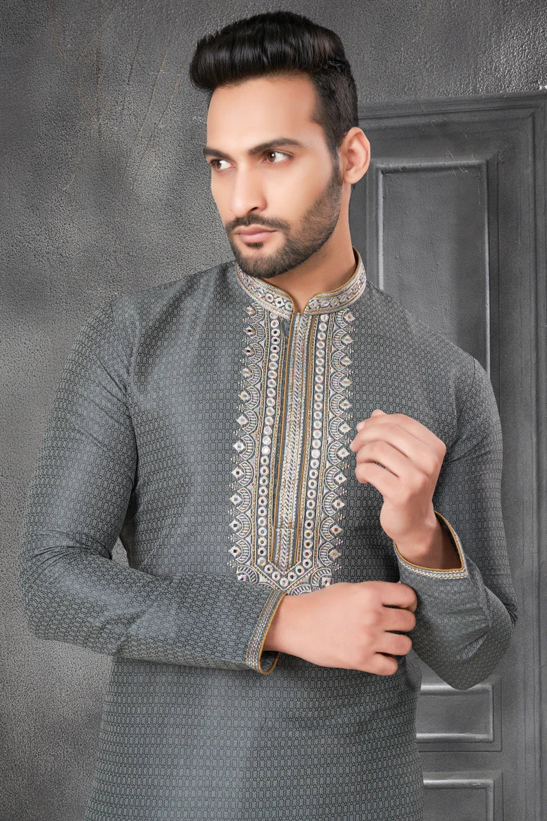 gray cotton men's kurta pajama set | indian, pakistani wedding men's kurta with silk dupatta fast delivery to usa, australia, uk