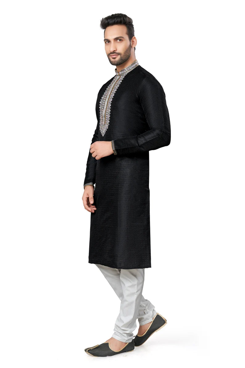 black cotton men's kurta pajama set | indian, pakistani wedding men's kurta with silk dupatta fast delivery to usa, australia, uk