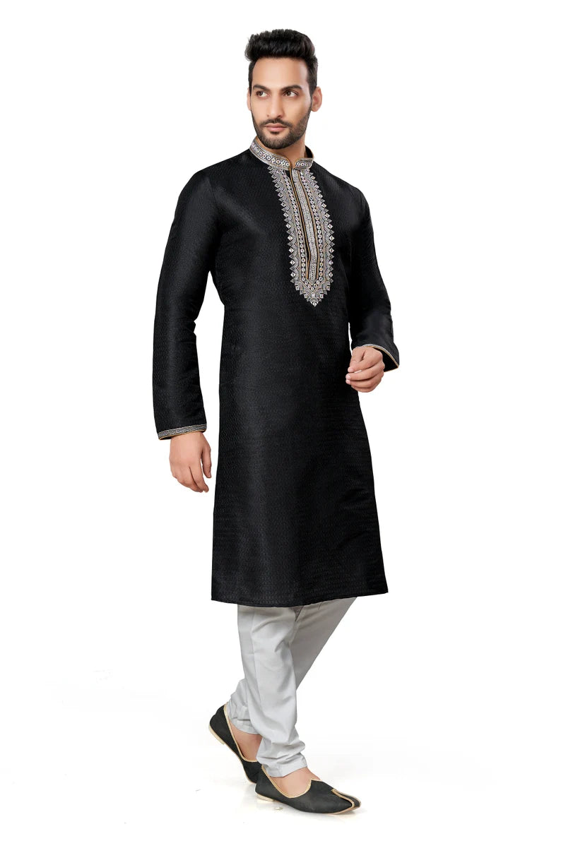 black cotton men's kurta pajama set | indian, pakistani wedding men's kurta with silk dupatta fast delivery to usa, australia, uk