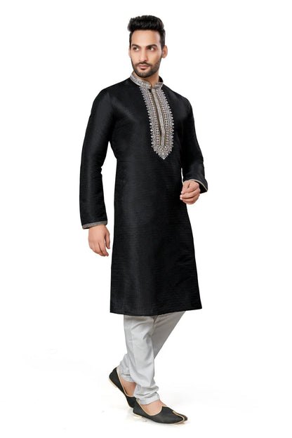 Black Cotton Men's Kurta Pajama set | Indian, Pakistani Wedding Men's Kurta with Silk Dupatta Fast delivery to USA, Australia, UK