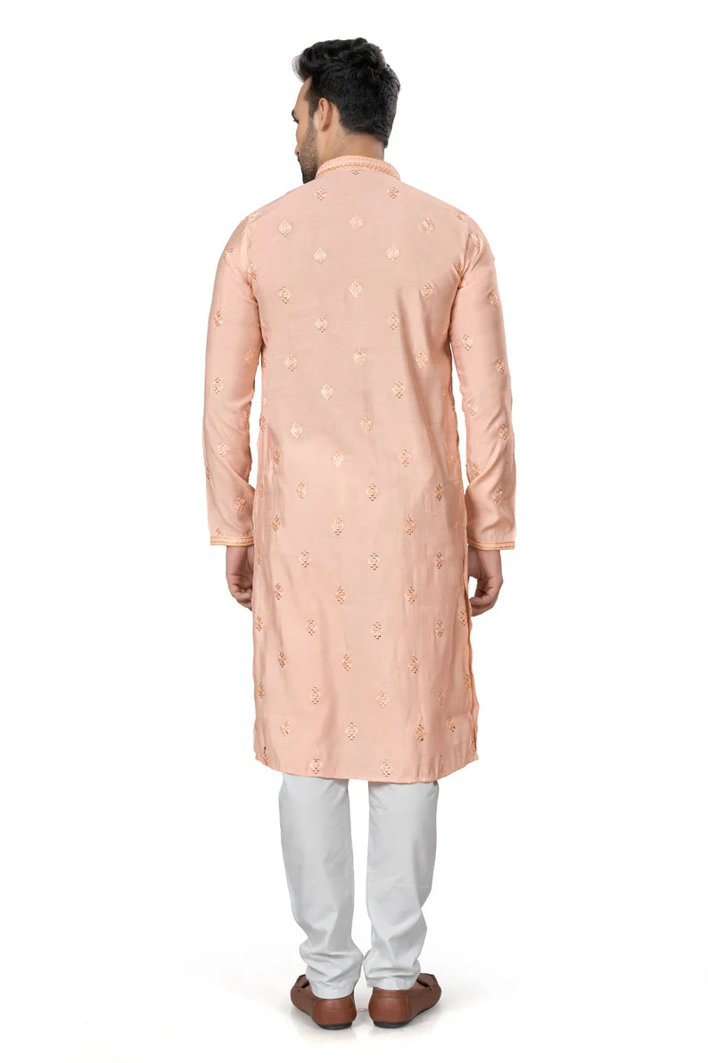 premium peach silk men kurta pajama in floral design | indian, pakistani wedding, party wear men's tradition kurta