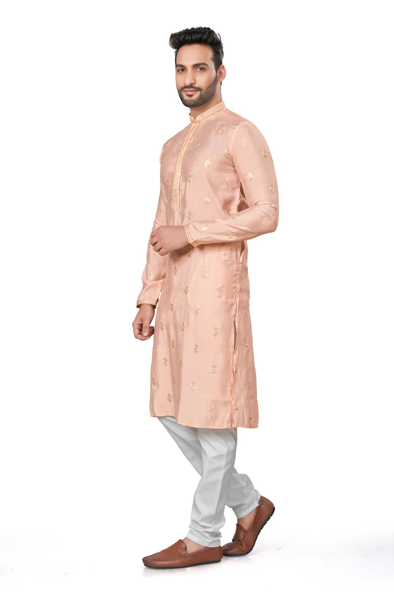 premium peach silk men kurta pajama in floral design | indian, pakistani wedding, party wear men's tradition kurta