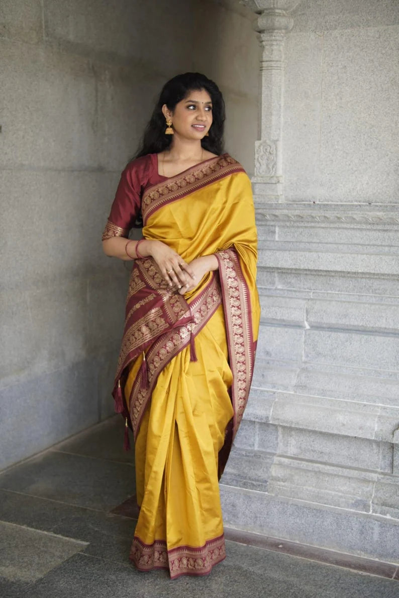 narayan pattu maroon and yellow semi silk saree | peacock jari border | indian wedding attire usa, australia | saree with blouse