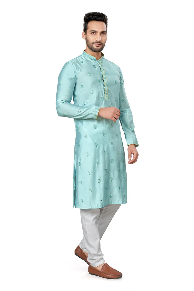 premium sea blue silk men kurta pajama in floral design | indian, pakistani wedding, party wear men's tradition kurta