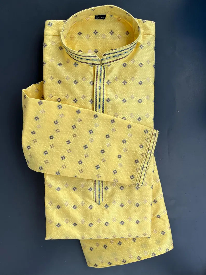 premium yellow cotton mens kurta pajama set | indian, pakistani wedding party wear mens kurta fast delivery to usa, australia