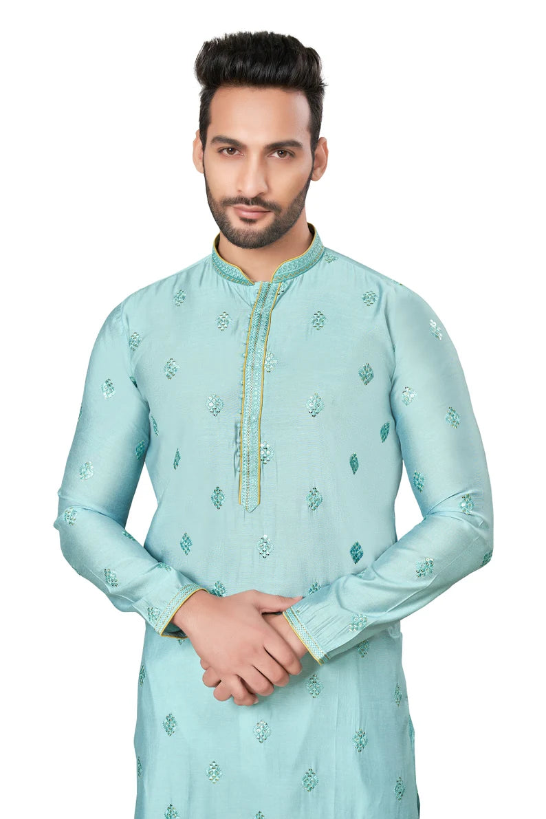 premium sea blue silk men kurta pajama in floral design | indian, pakistani wedding, party wear men's tradition kurta