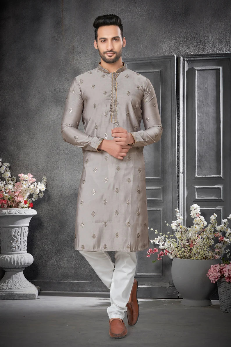 premium gray silk men kurta pajama in floral design | indian, pakistani wedding,party wear mens tradition kurta