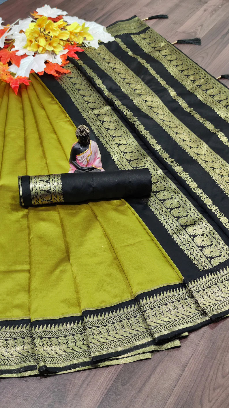 south indian silk saree in methi yellow for weddings | golden spice elegance