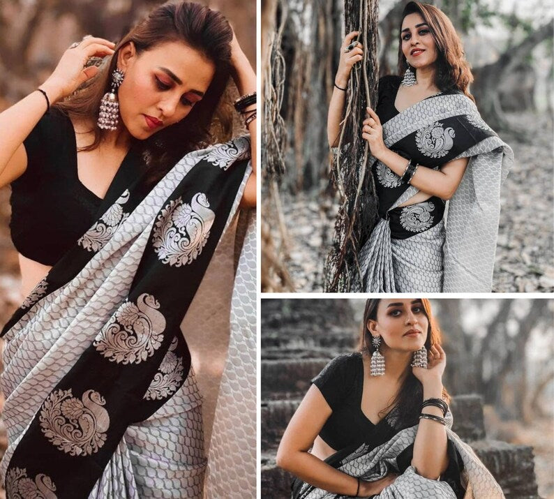 classic banarasi saree, black and silver saree, festive saree, south indian style, wedding saree, party saree, silk handloom sari usa, uk