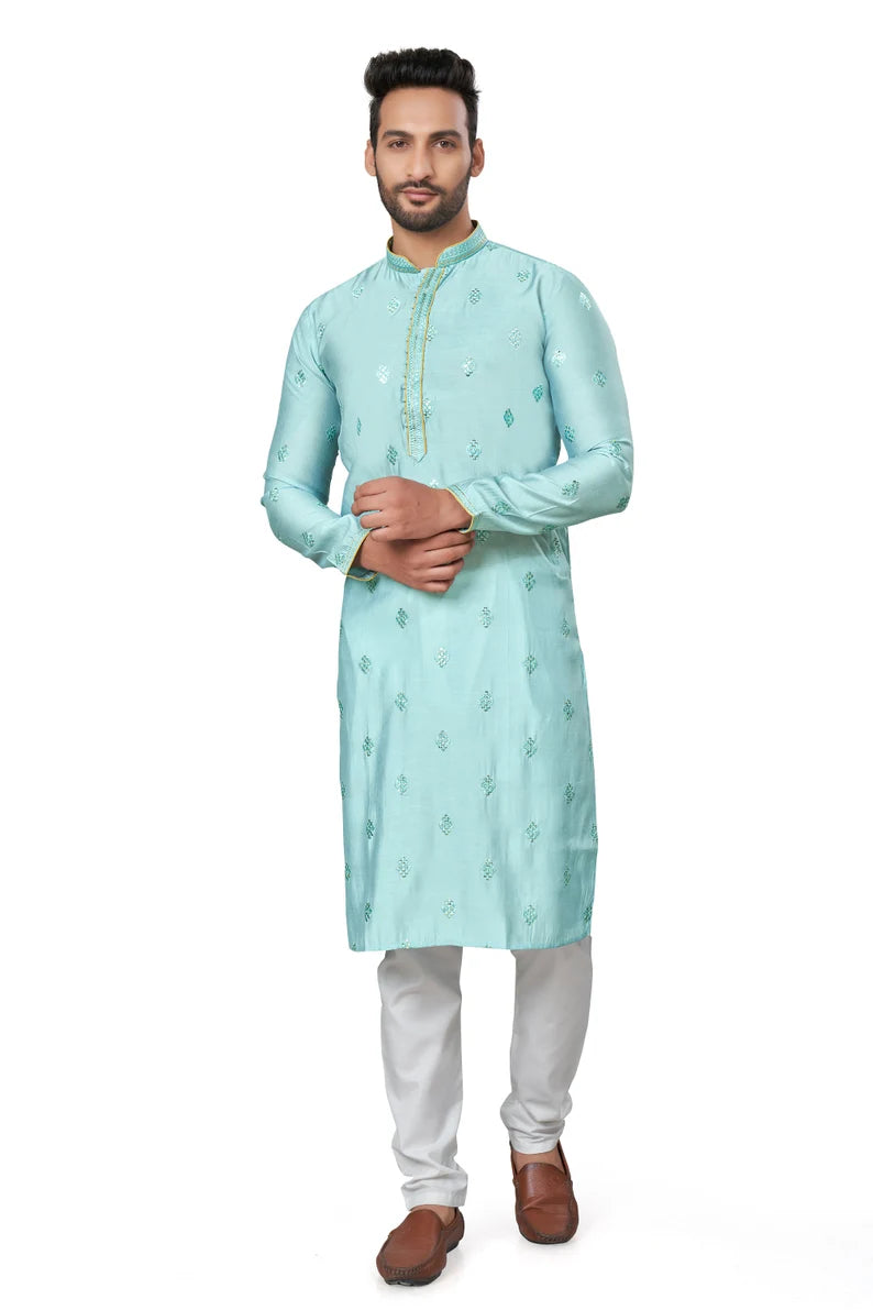 premium sea blue silk men kurta pajama in floral design | indian, pakistani wedding, party wear men's tradition kurta