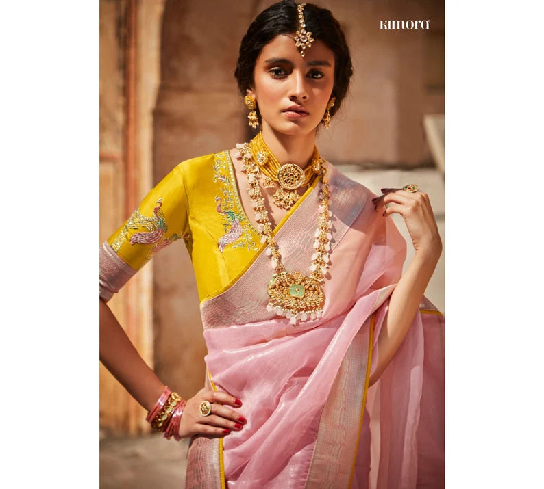 modern taffy pink art silk saree with lemon yellow border | indian designer wedding saree | fancy embroidery work heavy blouse | gift her