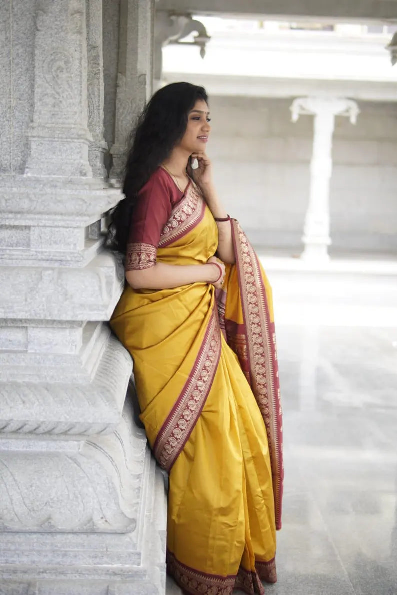 narayan pattu maroon and yellow semi silk saree | peacock jari border | indian wedding attire usa, australia | saree with blouse