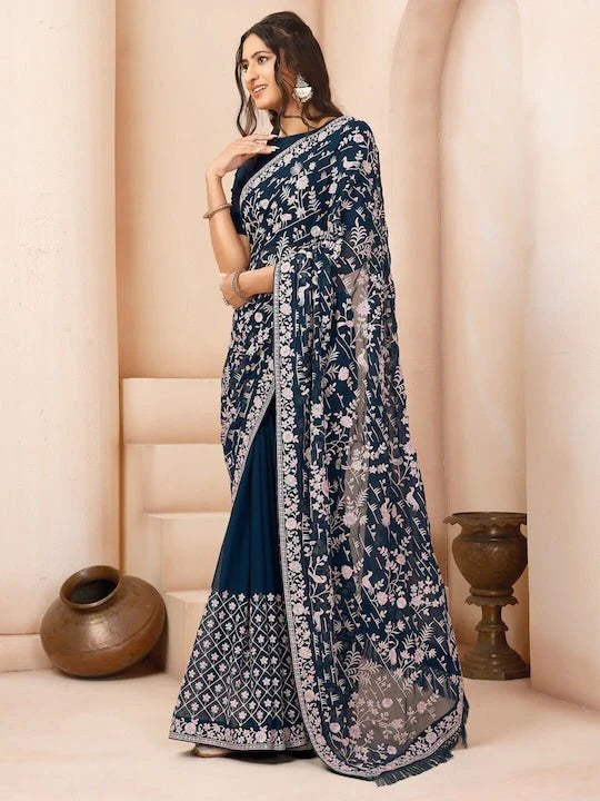 teal & white floral embroidered sequinned poly georgette saree