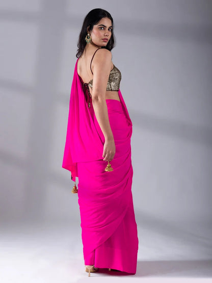 Fuchisia Hot Pink and Red Satin Saree, Reversible Silk Saree Indian Wedding and Festivals, Two tone saree, Ready to Wear Saree USA, UK