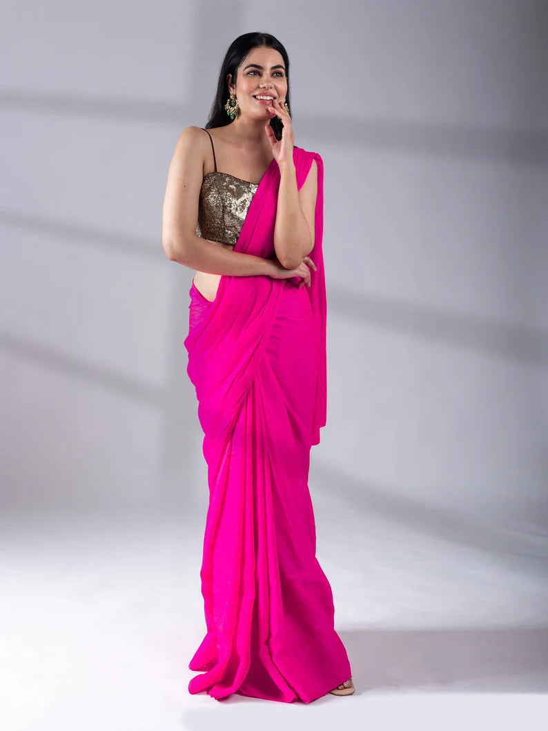 fuchisia hot pink and red satin saree, reversible silk saree indian wedding and festivals, two tone saree, ready to wear saree usa, uk
