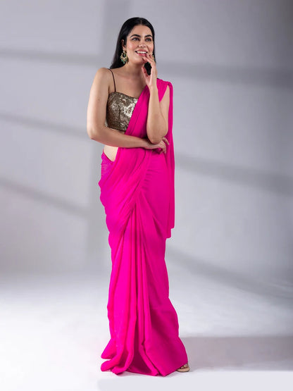 Fuchisia Hot Pink and Red Satin Saree, Reversible Silk Saree Indian Wedding and Festivals, Two tone saree, Ready to Wear Saree USA, UK