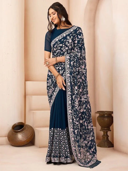 Teal & White Floral Embroidered Sequinned Poly Georgette Saree