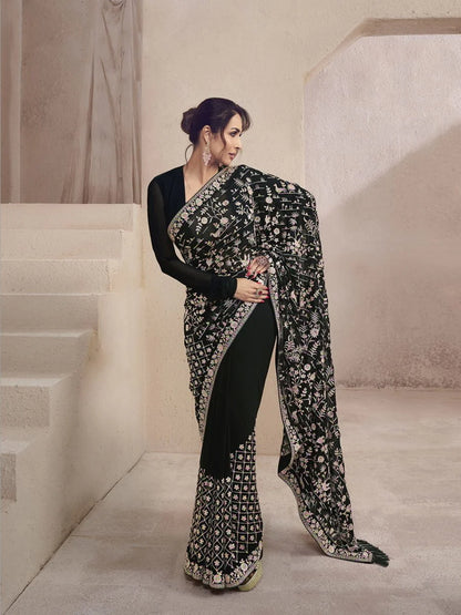 Black Designer Georgette Saree with Intricate Thread & Mirror Work, Premium Party & Reception Wear Drape
