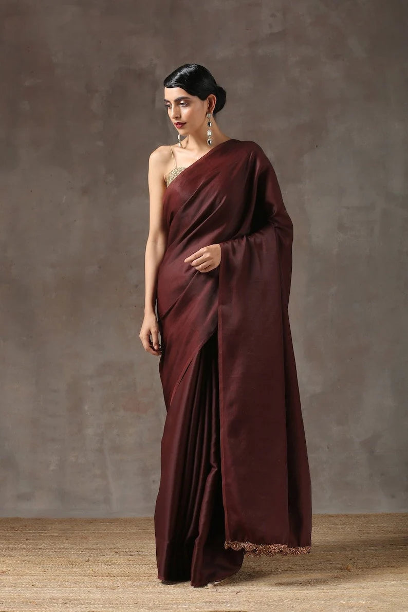 exotic chocolate satin silk saree for women in the usa for indian wedding | dark brown modern women sari