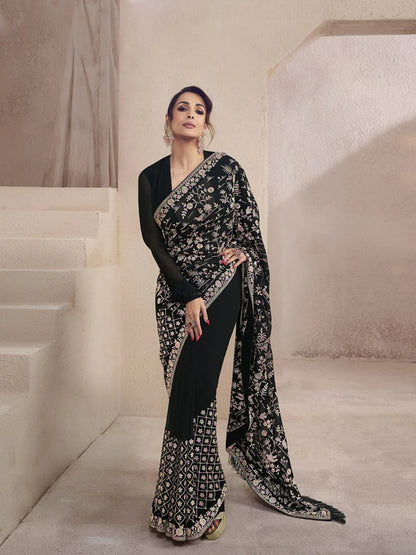 Black Designer Georgette Saree with Intricate Thread & Mirror Work, Premium Party & Reception Wear Drape