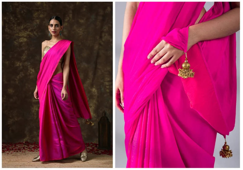 fuchisia hot pink and red satin saree, reversible silk saree indian wedding and festivals, two tone saree, ready to wear saree usa, uk