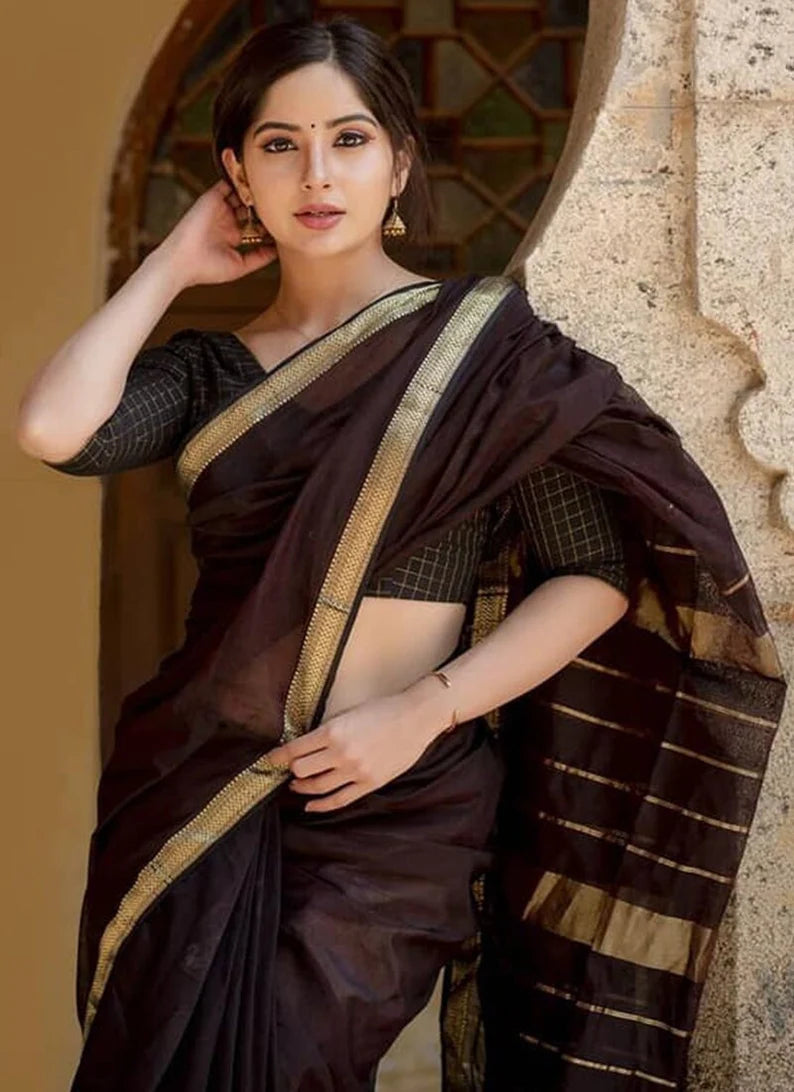 synthetic silk chocolate saree south indian wedding saree with stitched blouse brown saree kanjeevaram art silk saree, bollywood saree usa