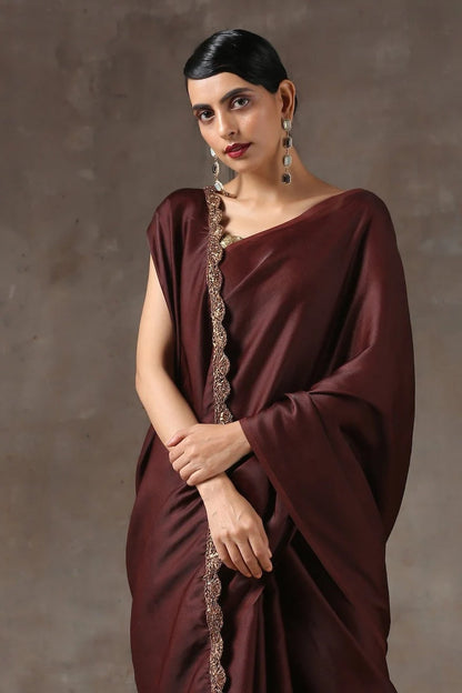 Exotic Chocolate Satin Silk Saree for Women in the USA for Indian Wedding | Dark Brown Modern women Sari