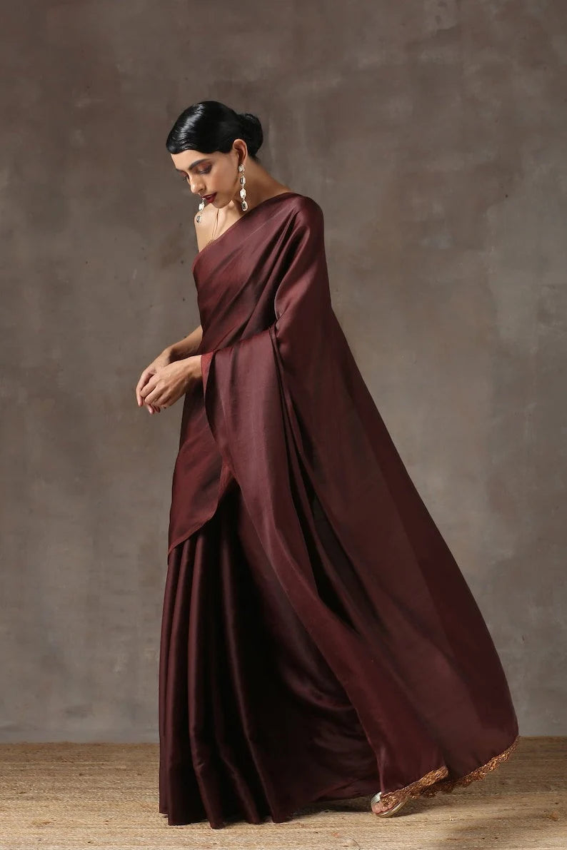 exotic chocolate satin silk saree for women in the usa for indian wedding | dark brown modern women sari