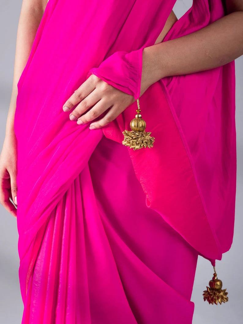 fuchisia hot pink and red satin saree, reversible silk saree indian wedding and festivals, two tone saree, ready to wear saree usa, uk