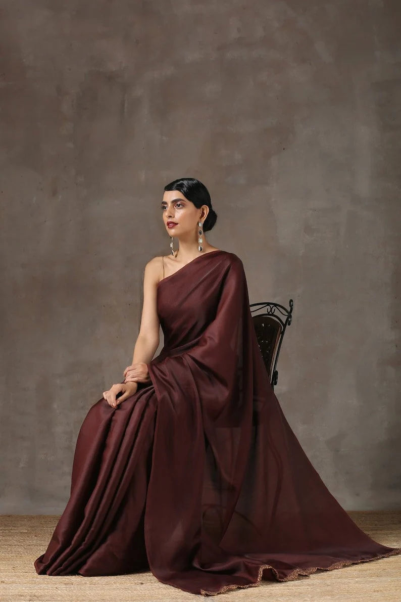 exotic chocolate satin silk saree for women in the usa for indian wedding | dark brown modern women sari