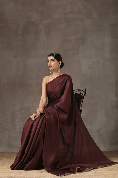 Exotic Chocolate Satin Silk Saree for Women in the USA for Indian Wedding | Dark Brown Modern women Sari