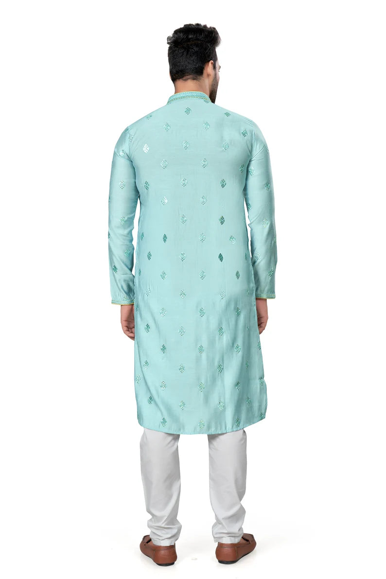 premium sea blue silk men kurta pajama in floral design | indian, pakistani wedding, party wear men's tradition kurta