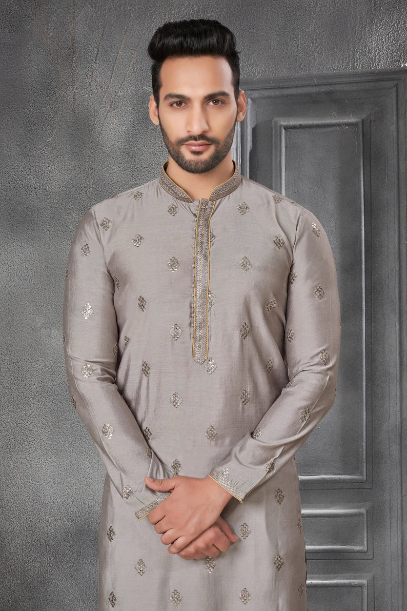 premium gray silk men kurta pajama in floral design | indian, pakistani wedding,party wear mens tradition kurta